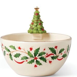 Lenox Cream Holiday Serving Bowl with Green Tree Lid and Red Berry Trim